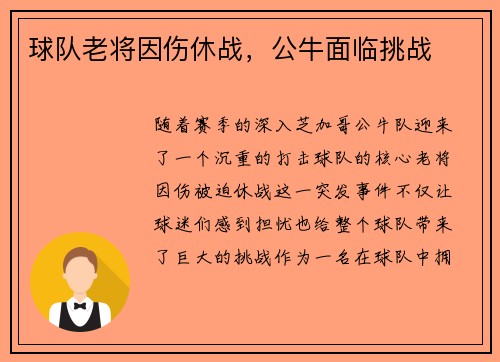 球队老将因伤休战，公牛面临挑战
