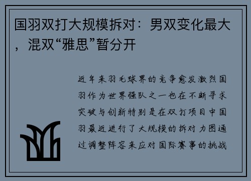 国羽双打大规模拆对：男双变化最大，混双“雅思”暂分开