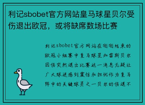 利记sbobet官方网站皇马球星贝尔受伤退出欧冠，或将缺席数场比赛