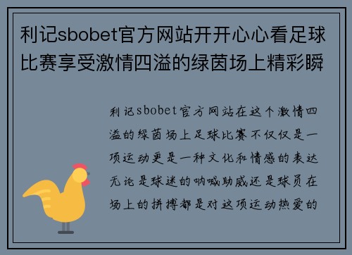 利记sbobet官方网站开开心心看足球比赛享受激情四溢的绿茵场上精彩瞬间